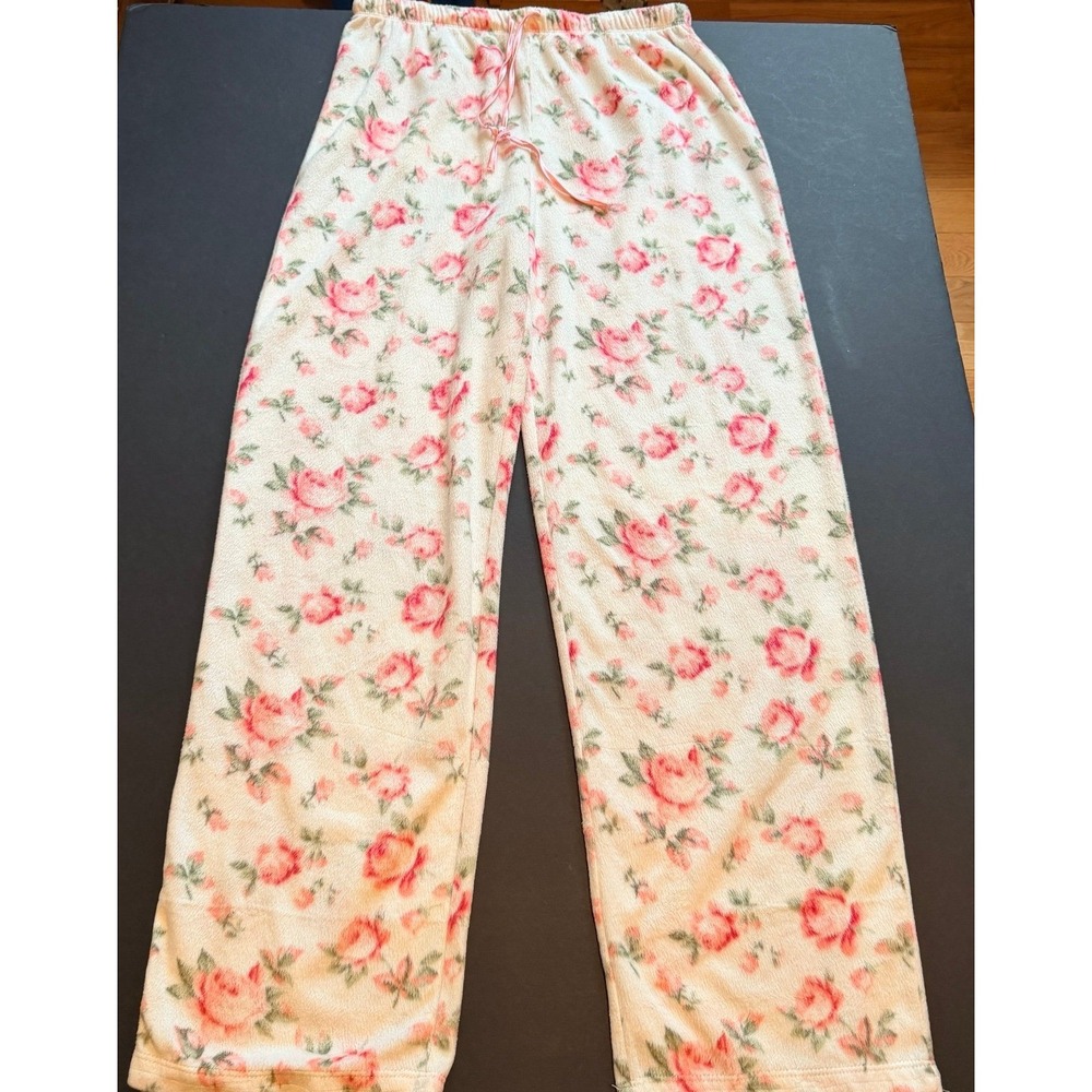 Floral Rose Fleece Pajama Pants Cream Pink Ribbon Drawstring Lounge Bottoms